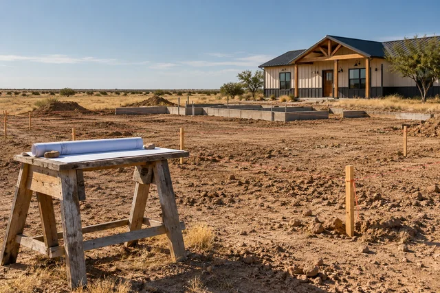 Survey stakes marking a building footprint on a rural Lubbock County lot