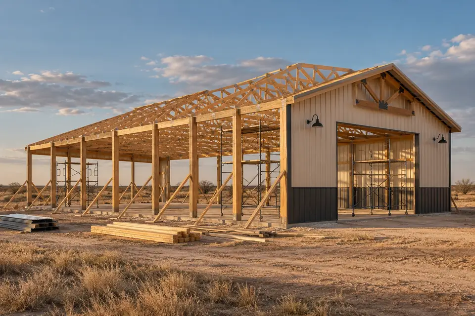 Post-frame building under construction with posts set and trusses raised against open sky
